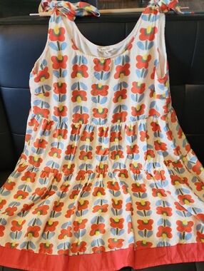 Sundress with Tie Shoulders - White with Orange Flowers